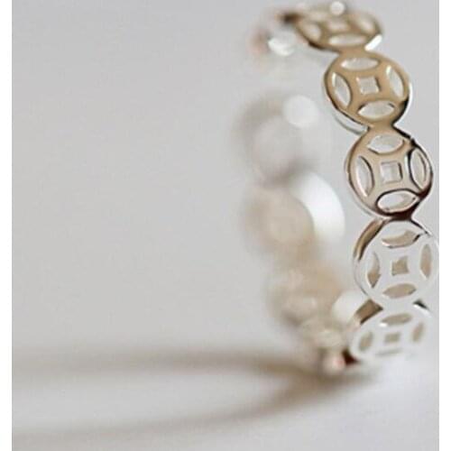 Fashion Hollow Coins Creative Open Rings for Women Lucky Money 925 Sterling Silver Jewelry Birthday Gifts Accessories SR336
