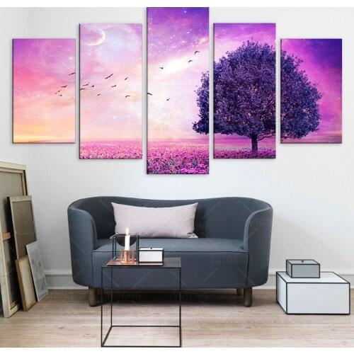 Modular Picture Wall Art Fashion Home Decoration 5 Panel Purple Tree Canvas Oil Painting For Living Room Modern Printing Type