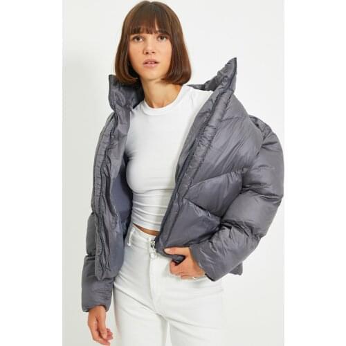 TRENDYOLMİLLA Anthracite Oversize Right Collar Inflatable Coat, TREND,FASHION, POLYESTER, CASUAL, SPRING