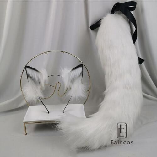 White Fox Ears Cosplay Hairhoop Tail Set Hand Made Headwear Headband Lolita Halloween Christmas Costume Accessories