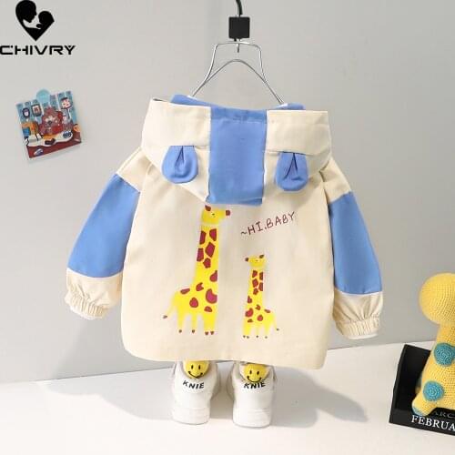 New 2021 Autumn Baby Boys Coat Kids Jackets Girls Outerwear Fashion Hooded Cartoon Giraffe Print Zipper Windbreaker Clothing