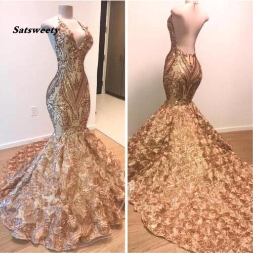 2021 African Gold Prom Dresses Mermaid Halter V Neck 3D Flowers Sleeveless Evening Dress Long Arabic Dubai Party Gowns