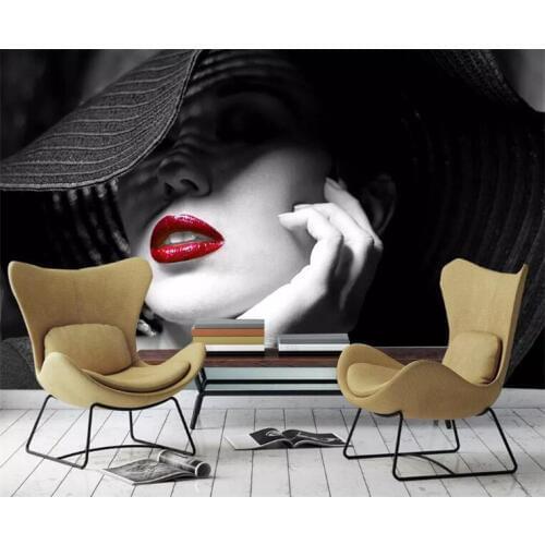 Custom wallpaper black and white contrast color red lips modern minimalist fashion TV sofa background 3d wallpaper
