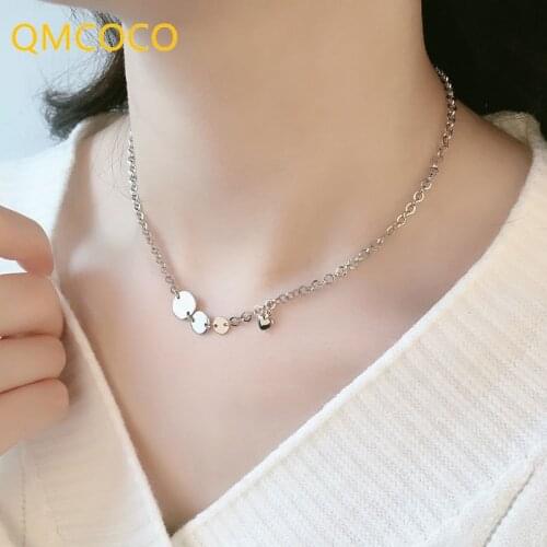 QMCOCO Korean Version 925 Silver Round Heart-Shape Necklace INS Style Women Collarbone Chain Simple Jewelry Decoration