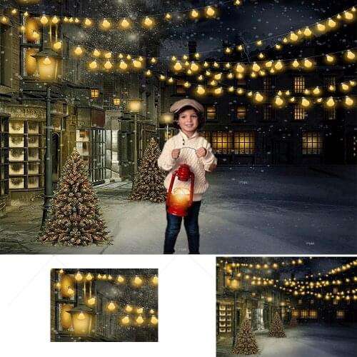 Christmas Street Backdrop for Photography Newborn Kids Portrait Shop Store Street Lamp Photo Background Pine Tree Glitter Lights