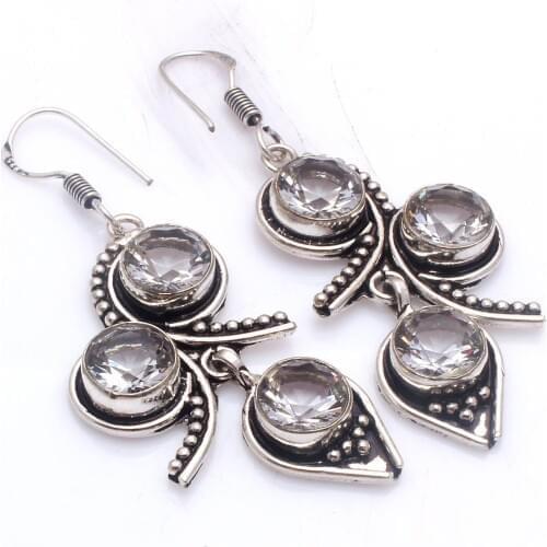 Genuine White Topaz Silver Overlay on Copper Earrings , Hand made Women Jewelry Gift, E5808