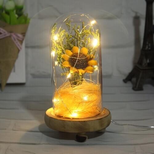 Sunflower Banquet Dried Flowers in Glass Dome Warm Light Bedside Lamp Gift For Girl Valentines Day Wedding Party Decor