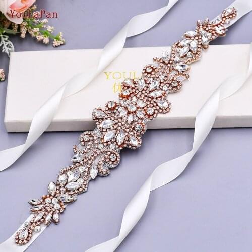 YouLaPan S12-RG Rose Gold Rhinestone Bridal Belt for Wedding Dress Flower Girl Wedding Belt Women Waist Belt Bridal Accessories