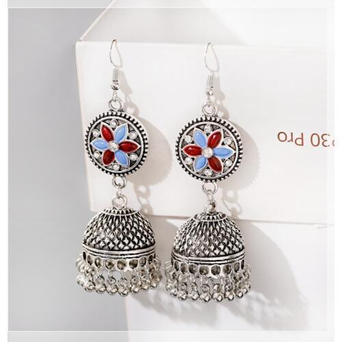 Womens Silver Color Beads Tassel Indian Jhumka Earrings Ethnic Vintage Flower Bollywood Oxidized Bell Dangle Earrings