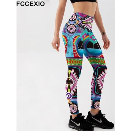 FCCEXIO New Summer Style Women Leggings Retro Ethnic Flowers Printed Leggings Black White Design Leggings Workout Fitness Leggin