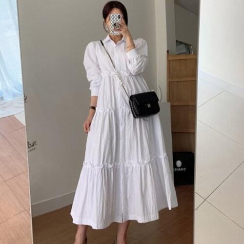 Johnature 2021 New Simple Ruffles Women Dresses Spring Koraen Casual Solid Color Loose Puff Sleeve Dress