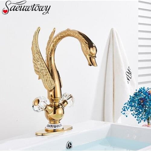 Golden Luxury Swan Basin Faucet Deck Mounted Bathroom Faucet Hot and Cold Crane Mixer Tap Bath Water Faucet Basin Sink Taps