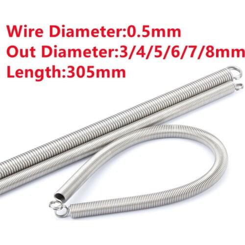 2PCS,High Quality Stainless Steel Long Coil Extension Springs With Hooks,0.5mm Wire Diameter* (3-8)mm Out Diameter*305mm Length