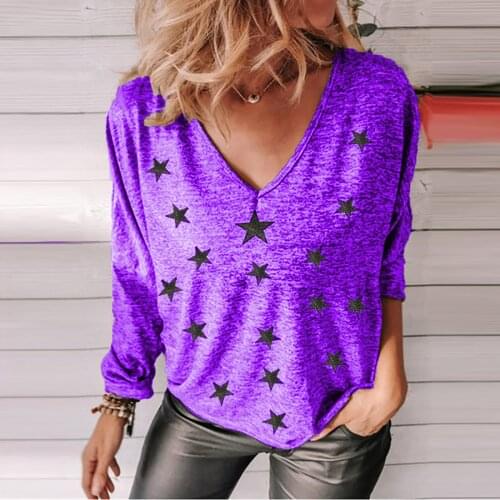Womens Fashion Blouses Shirt Sexy V-neck Pullover Tops Star Print Long Sleeve Vintage Casual Pullover Bottom Top New Spring