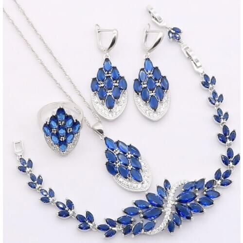 Dandy Will Silver 925 Costume Jewelry Sets For Women Blue Stone Necklace Earrings Ring Pendant Bracelets