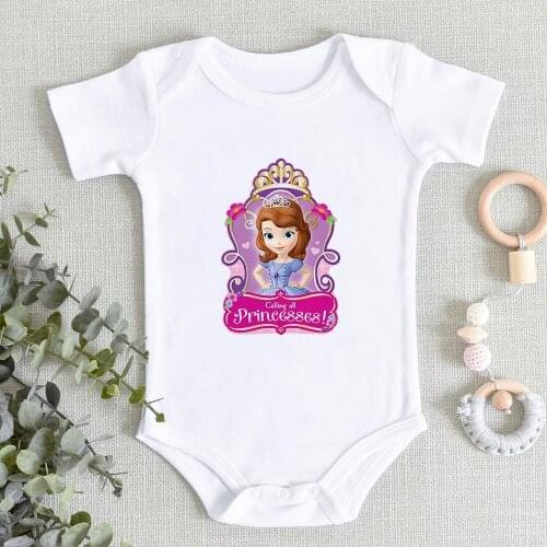 Disney Sofia Calling All Princesses Print White Baby Jumpsuit Casual Toddler Romper 0-24M Infant Bodysuits Harajuku Dropship