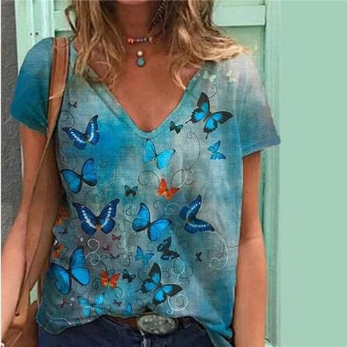 Fashion Casual Womens Summer T-Shirt Butterflies Printed Short Sleeve Graphic Tops Ladies Trendy Plus SizeT-Shirts Female Top