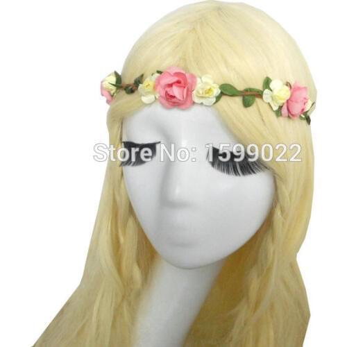 Hippie Elastic Flower Head Crown Pink Cream Kids Floral Headband Pageant Bohemian Gypsy Women Hair Accessories Birthday Hairband