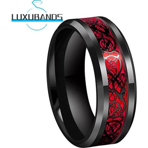 Tungsten Carbide Ring for Men Women 8MM Beveled Edges Polished Finish Red Opal Black Dragon Inlay Comfort Fit