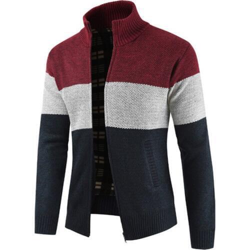Fashion men knit jacket Autumn Winter Stripe splicing thick Casual coat mens Stand collar Cardigan Male outerwear Brand clothing