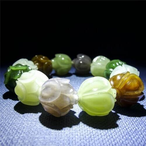 Natural Hetian jade multi-treasure lotus bracelet old pit fine jade string bracelet