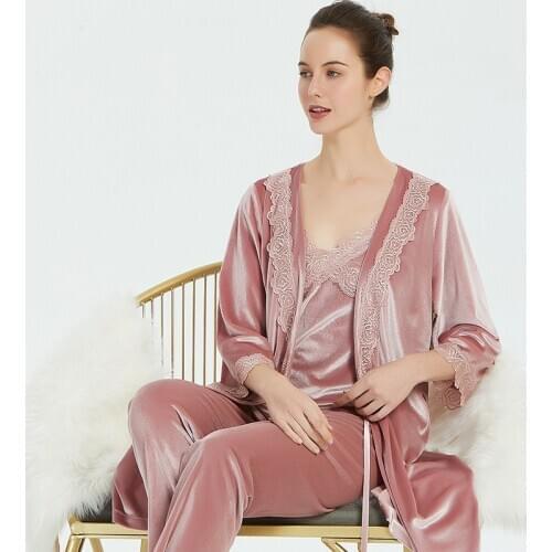 New Style Nightgown Womens Spring Autumn Velvet Nightgown Three Piece Suit SEXY LACE SLING Coat Pants Suit Nightgown Suit Women