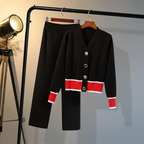 Autumn outfit small sweet wind knit cardigan broad-leg trousers two casual suit female