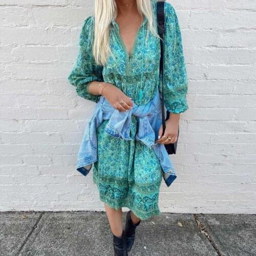Super Chic blue floral V-neck tassle tied long sleeve dress women bohemian style loose boho dress new midi women dress 2021