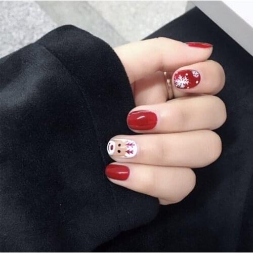 Christmas cute fake nails Japanese Red and white hit pure color with cartoon pattern decorated false nails lady full nail tips