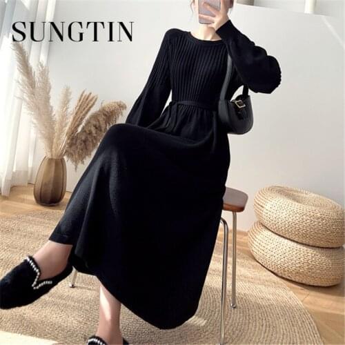 Sungtin Vintage Chic O-neck Elegant A-line Long Knitted Dress Women Lace-up Loose Female Sweater Dress Ribbed Vestidos All Match