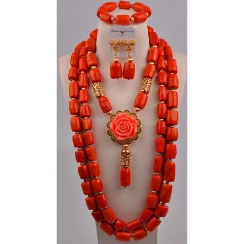 Orange Nigerian Wedding Coral Beads Bridal Set African Jewelry Set Coral Necklace Bridal Jewelry Sets 317-E1