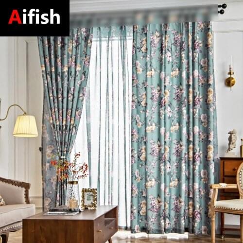 Pastoral Style Flower Printing Screen Semi Black Out Curtains All-match Blue Retro Drapes Hook Curtains Home Decoration Panel#4