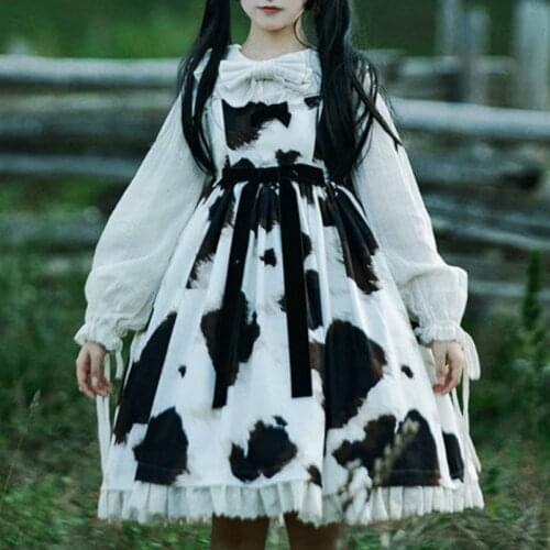 Spring/Autumn Japanese Lolita Girl Small Cow Pattern Blooming JSK Vintage Dress Gothic Lolita Maid Dress Sweet Kawaii Girl Dress