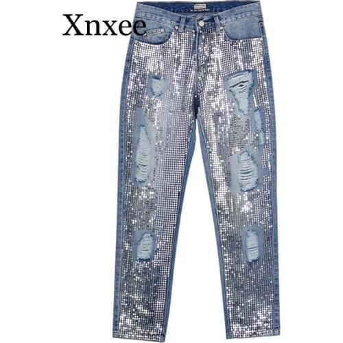 Vintage blue Boyfriend Jeans Ripped Denim Sequined Tassel Jeans For Women Plus Size cowboy Pants Women Ripped Pants Denim Femme