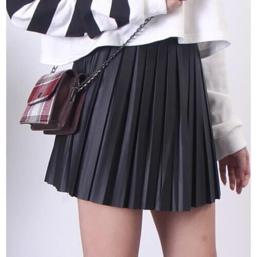 Women Fashionable Pleated PU Leather Short Skirt Popular All-match A-line High Waist PU Skirts