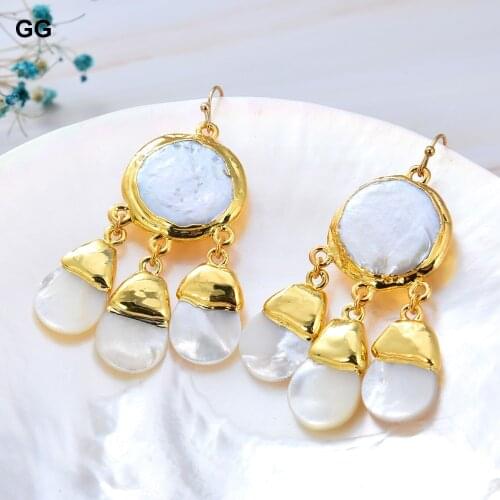 GuaiGuai Jewelry Natural Cultured White Coin Keshi Pearl Gold Color Plated White Shell Water drop Dangle Hook Earrings For Women