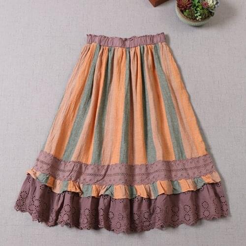 New Summer Rainbow Striped Cotton linen Skirt Mori Girl Loose Elastic Waist Hollow Embroidery Lace Skirt Women