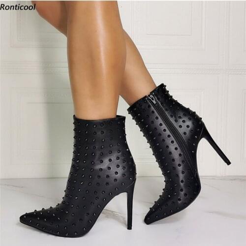 Ronticool 2021 High Quality Women Ankle Boots Sexy Studded Stiletto Heels Pointed Toe Black Club Wear Shoes Plus US Size 5-15