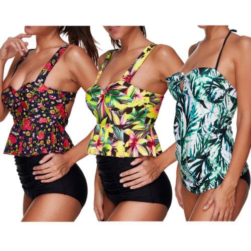 Women Ruffle Floral Push-up Padded Bra Two-piece Tankini Swimsuit Bikini Set Ladies Swimwear Beach Bathing Suit