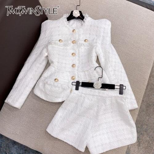 TWOTWINSTYLE Elegant Sets For Female V Neck Long Sleeve Coat With High Waist Slimming Shrots Womens Set Fashion New 2021