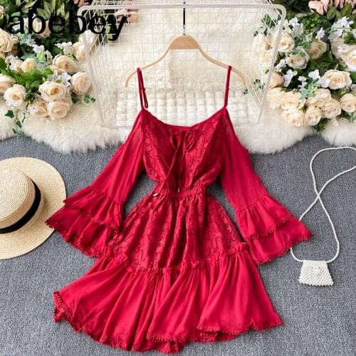 Women Off Shoulder Strap Dress French Flared Sleeve Lace A-line Dresses Spring Elegant Streetwear Ruffles Short Dress