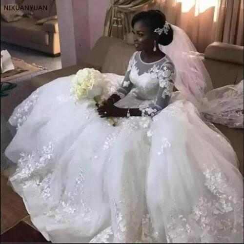 Vestidos De Novia 3/4 Sleeve Wedding Dress Ball Gown White Lace Appliques Africa Vintage Wedding Dresses Wedding Gown