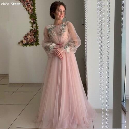Vkiss Evening Dress 2020 New Long Illusion Sleeves A-line Elegant Applique Lace Floor Length O-neck Prom Dress вечернее платье