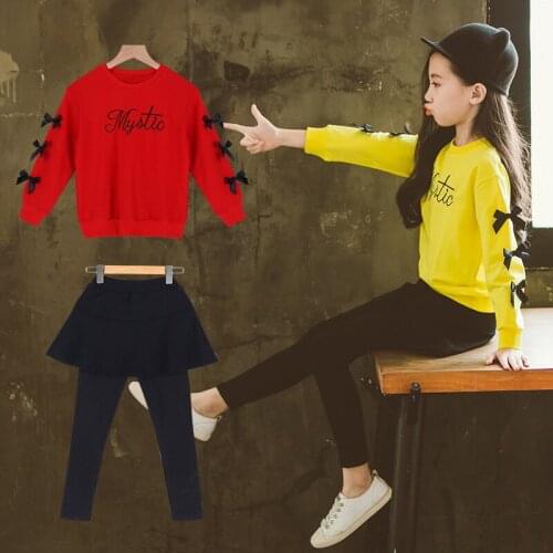 Children Girl Outfits Autumn Kids Fashion Red Yellow Bow Long Sleeves Letter Embroidery and Skirt Leggings 2pc Clothes Sets