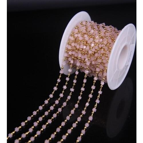 5Meter pink colour Square Glass bead&Copper beads Plating gold Chain,2.5mm Square Charms Wrapped Rosary Chain Bracelet Necklace