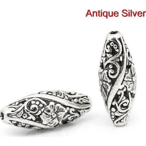 Doreen Box hot- Spacer Beads Oval Silver Color Flower Pattern Carved Hollow 26mm x 11mm,Hole:Approx 1.9mm,10PCs (B31020)