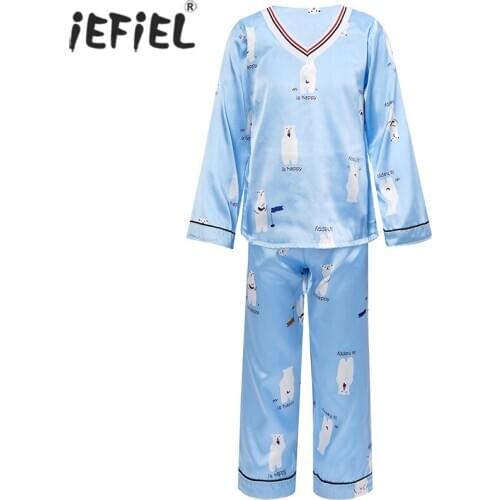Children Kids Pajamas Silk Satin Tops Pant Nightgown Autumn Long Sleeve Cartoon Animal Sleepwear Nightwear Girl Boy Pajama Sets