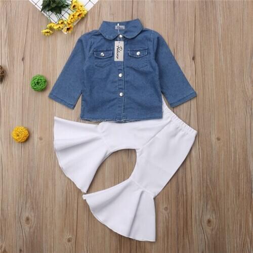 Toddler Flared Pants Kid Baby Girl Denim Top Blue shirt+Bell Bottoms Leggings Clothes Set Fashion