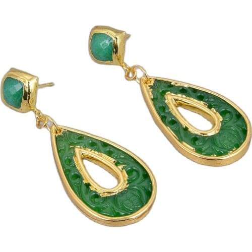 GG Jewelry Natural Green Jades Carved Teardrop Shape Electroplated Edge Stud Earrings For Women