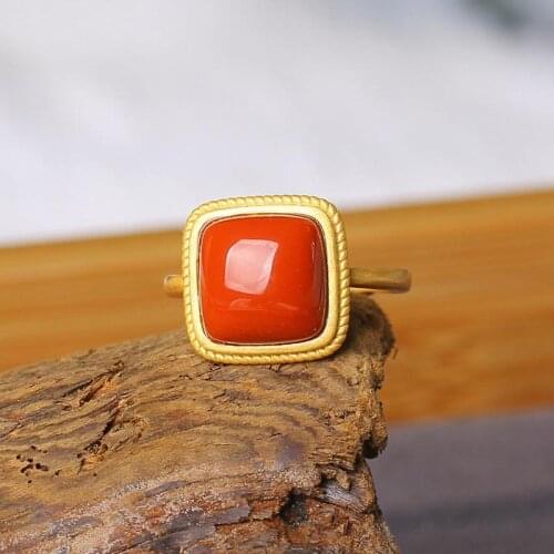 Hong Kong Ancient French Gold Natural South Red Full Color Full of Meat Square Ring Hemp Lace Elegant Versatile Opening Female A